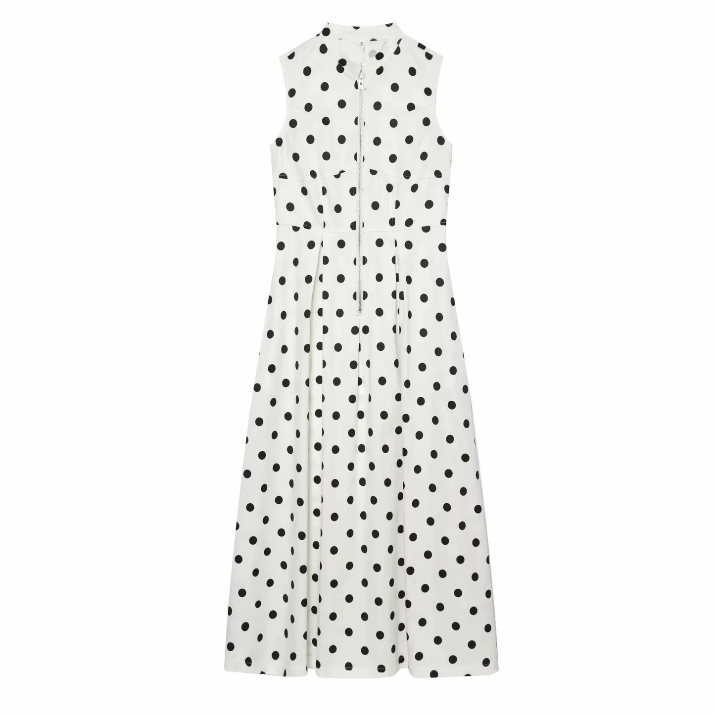Women Elegant Polka Dot Zipper Decoration Dress Summer Women Sleeveless Pleated Dress Female Fashion Versatile Midi Dress
