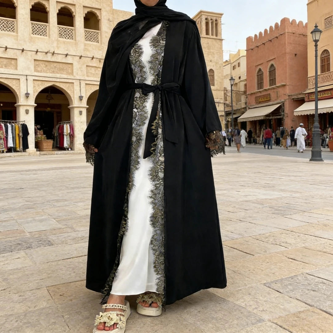 Abaya Headscarf 2 Piece Set Lace-up Cadigan Dubai