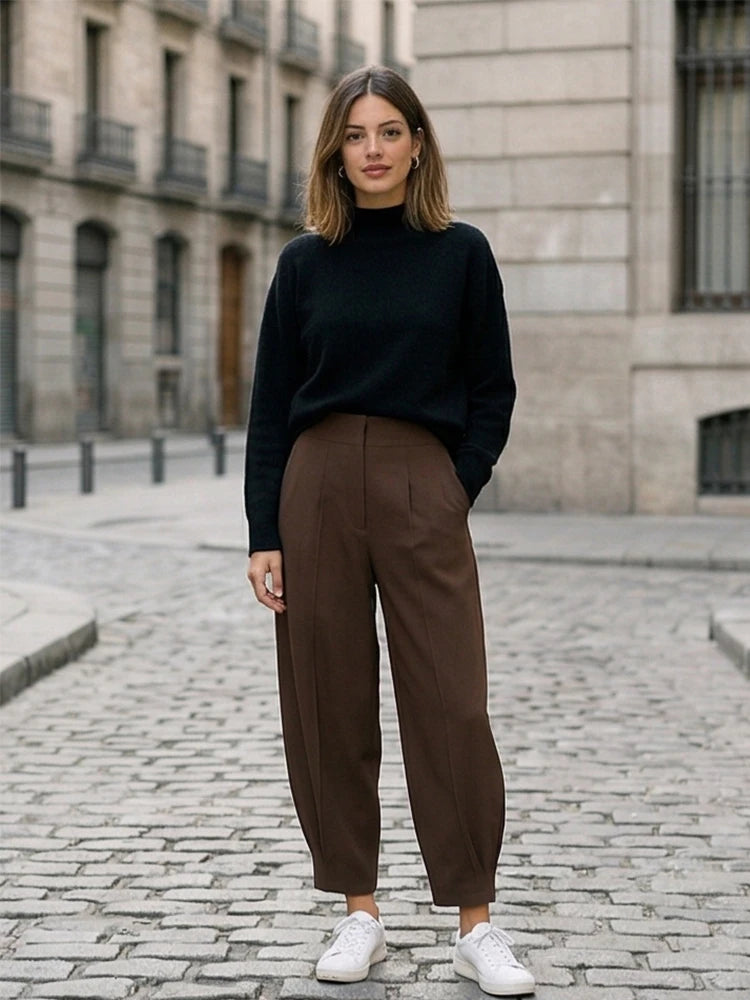 Willshela Women Fashion Solid Front Zipper Pleated Wide Leg Pants Vintage High Waist Full Length Female Chic Lady Trousers