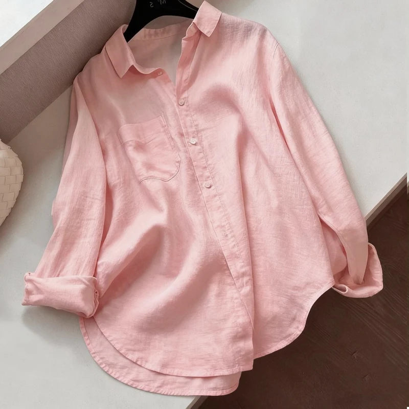 Women Minimalist Loose Tops Fashion Summer Thin Cotton Linen White Shirt Long Sleeve Blouse Solid Turn-down Collar Easy Wear
