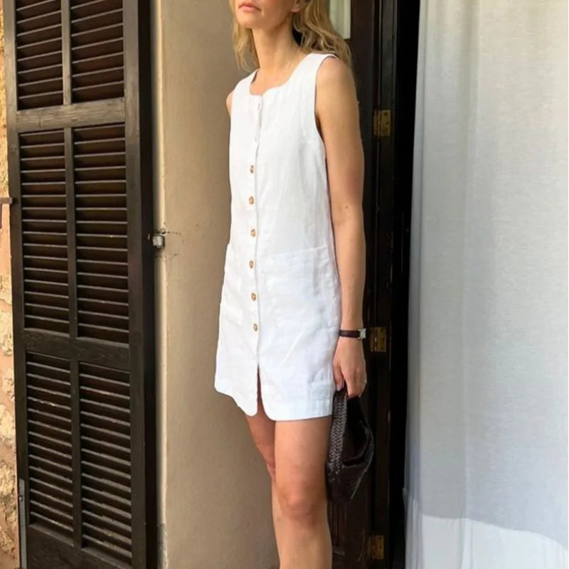100% Linen Summer Women Dress 2026 New French Square Neck Single-Breasted White Dress Casual Vacation Short Dresses Vestidos
