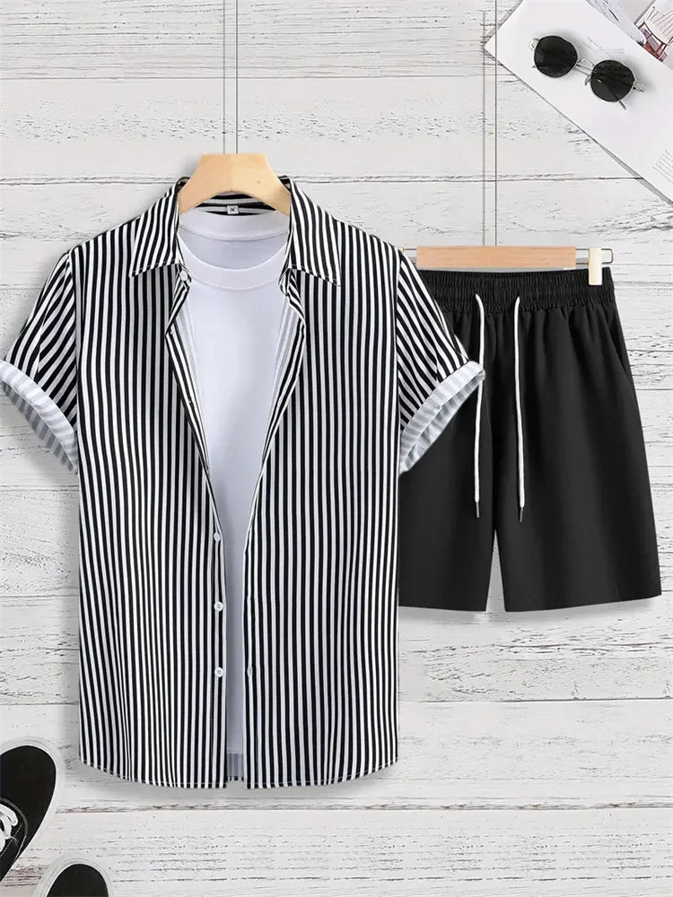 2024 Summer Men's Casual Commuter Suit Men's Striped Printed Shirt Short Sleeve Shorts 2-Piece Men's Hawaiian Beach Style Wear