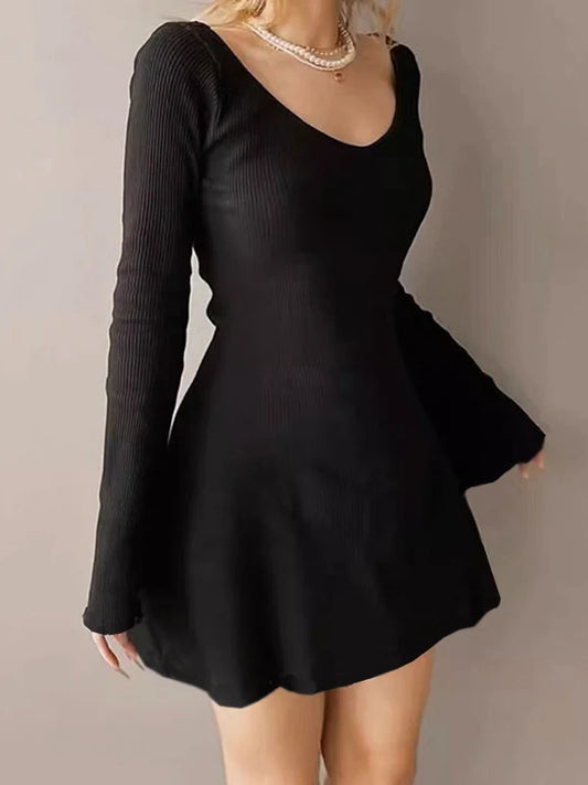 Knitted Long Sleeve Slim Mini Dress Women Autumn Winter Solid Color V-neck Belt A-line Club Party Sexy Dresses Elegant Clothing