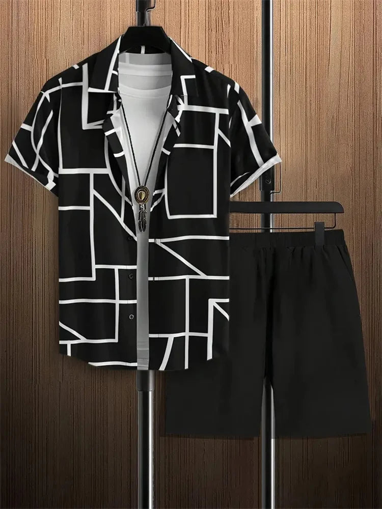 2024 Summer Men's Casual Commuter Suit Men's Striped Printed Shirt Short Sleeve Shorts 2-Piece Men's Hawaiian Beach Style Wear
