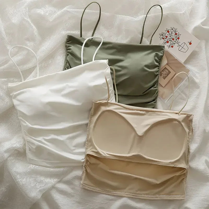 Sexy Crop Tops Women Summer Shirring Sleeveless Slim Camis Tops Bodycon with Chest Pad Fashion Casual Tops Female