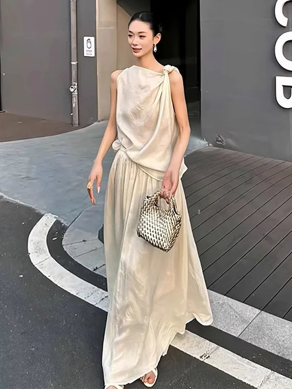 Summer 2025 Women's Knot Neckline Sleeveless Vest And Skirt Set Casual Stylish Half Body Fashion Ensemble Long Pants