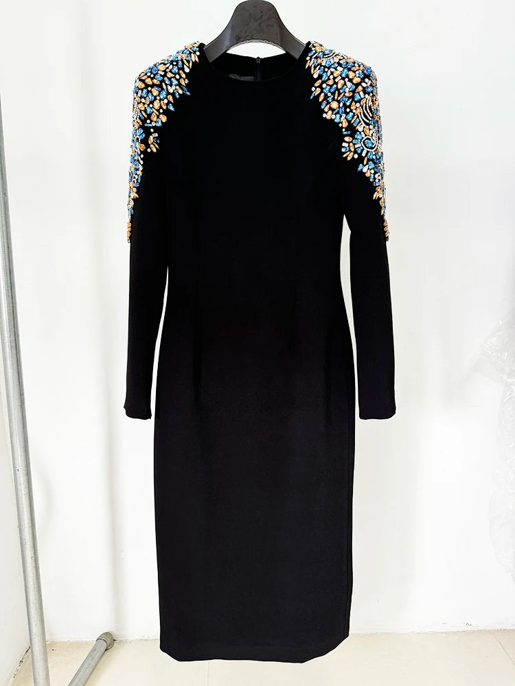 HIGH STREET Newest 2026 Designer Fashion Women's Long Sleeve Diamonds Beaded  Long Sleeved Dress