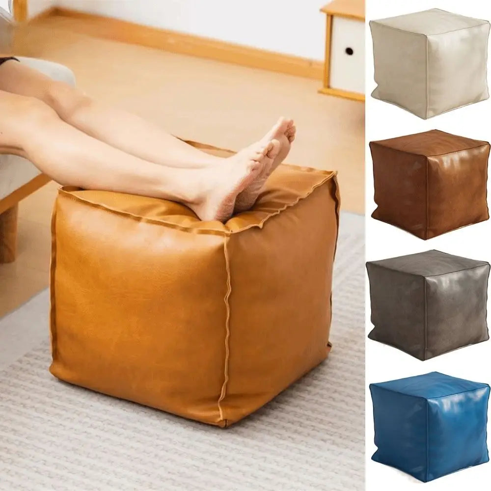 Nordic Style Non-Slip Storage Stool Large Capacity Waterproof PU Leather Ottoman Thicken Stackable Leather Pouf Living Room