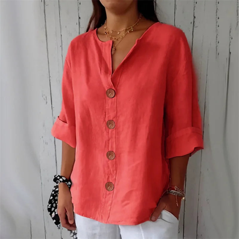 Loose Shirt Women's V-Neck Cotton Linen Button Top Casual Shirts Solid Fashion Elegant