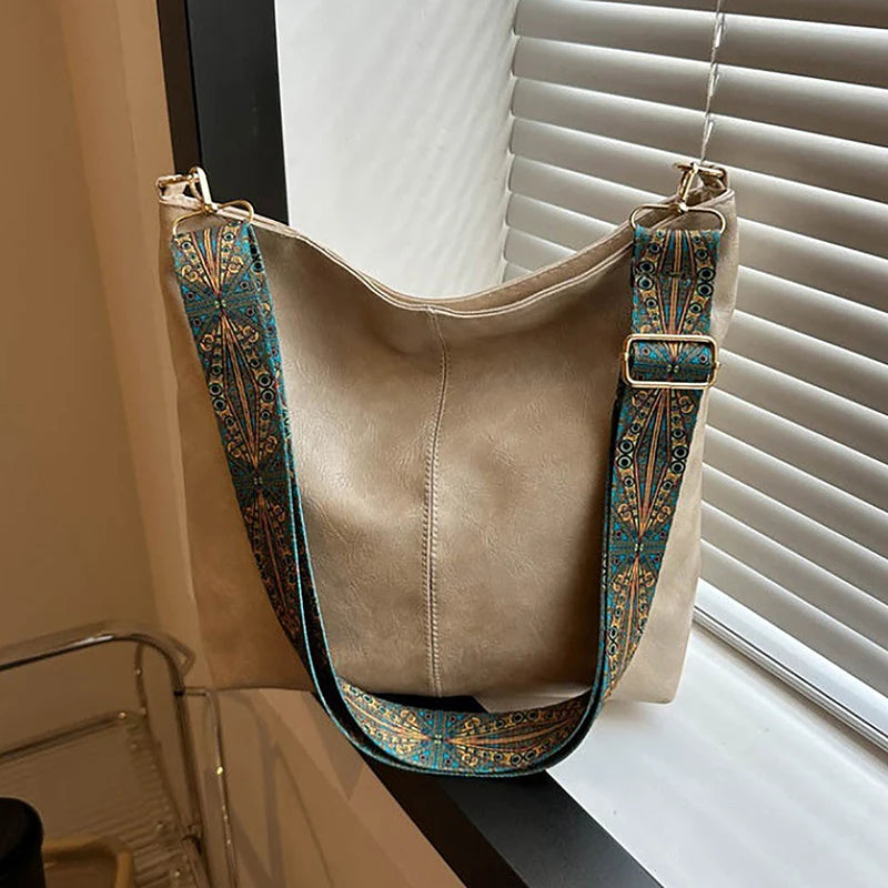Wide Geometric Strap Shoulder Bag Large Capacity Crossbody Bags For Women,Retro Pu Leather Women's Bag For Shopping Travel