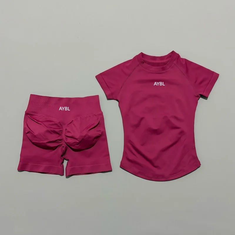 2 Pieces Sports Sets Short Sleeve Sculpt T Shirt Seamless Yoga Top Fitness Set Women