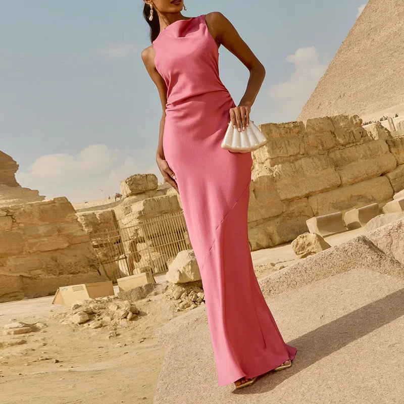 Elegant Solid Waist Cinch A-line Dress Fashion Backless Cross Banquet Evening Dress Sexy Swing Collar Off Shoulder Pleated Dress