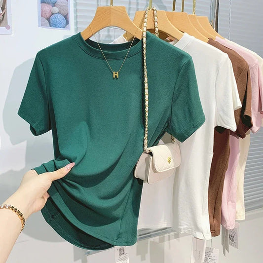 2026 New Women's 100% Cotton T-shirt Bottoming Basic Solid Lady Short Sleeve Tops Shirts Summer T Shirt