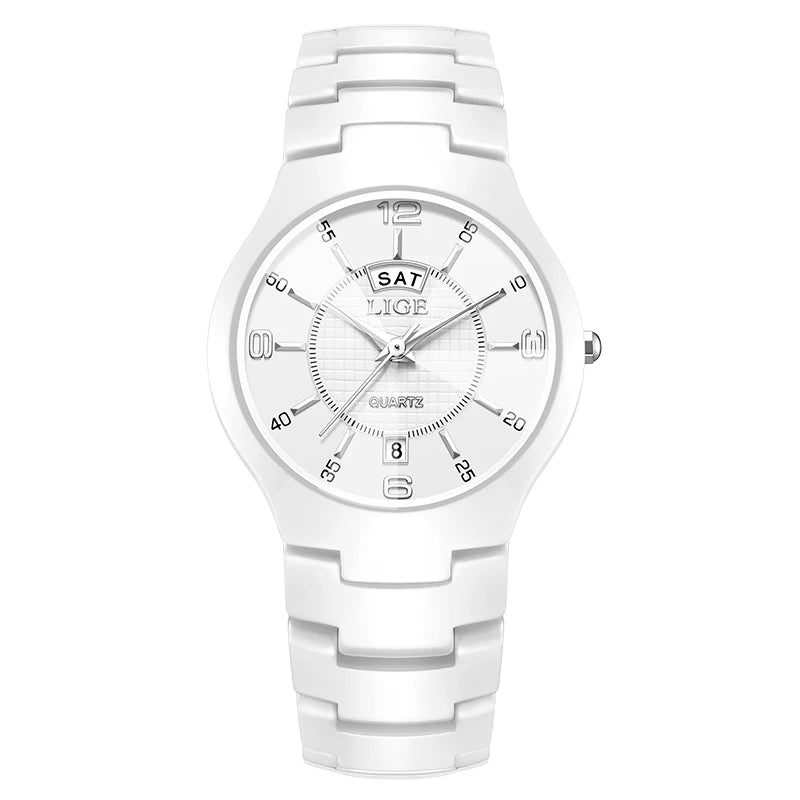 LIGE 2026 Elegant Ceramic Womens Watch Luxury Fashion Quartz Wristwatches Waterproof Date Week Watches Ladies Gifts Reloj Mujer