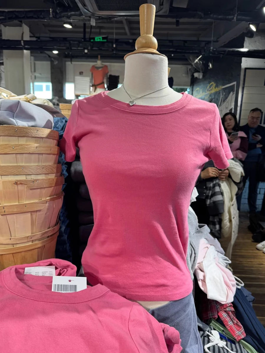 New Rose Red Basic T-shirts Woman Summer O-neck Short Sleeve Cotton Slim Tee Shirts Solid Simple Casual Sweet Fashion Tshirt Top