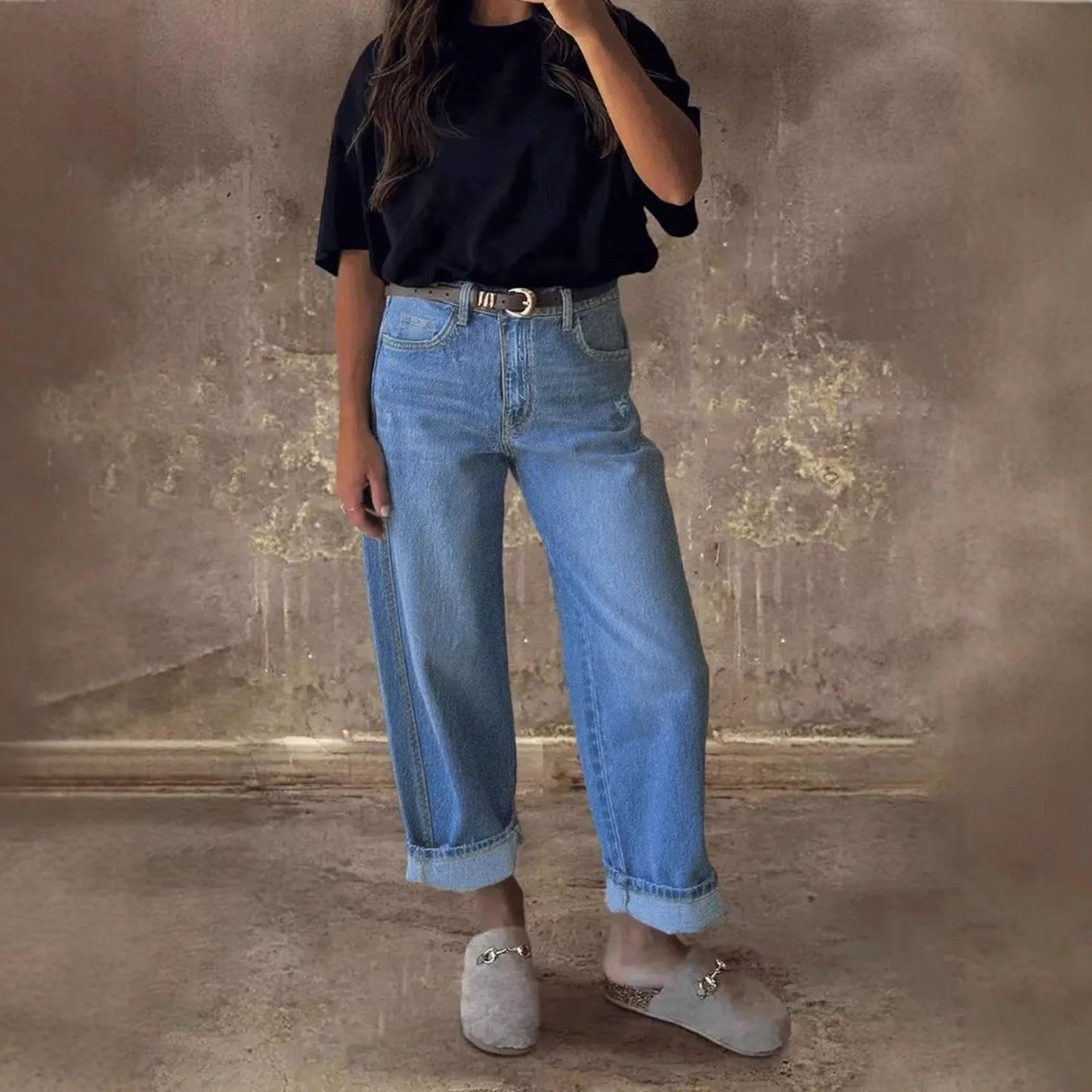 Fashionable Comfortable Women's Jeans Versatile Straight Leg Jeans Long Pants Mid Waist Cotton Polyester Blend Retro Style