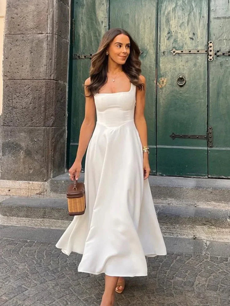 Casual Polka Dot Print Sleeveless Maxi Dress Women Fashion Square Neck High Waist A-line Long Robe 2025 Summer New Party Gowns N