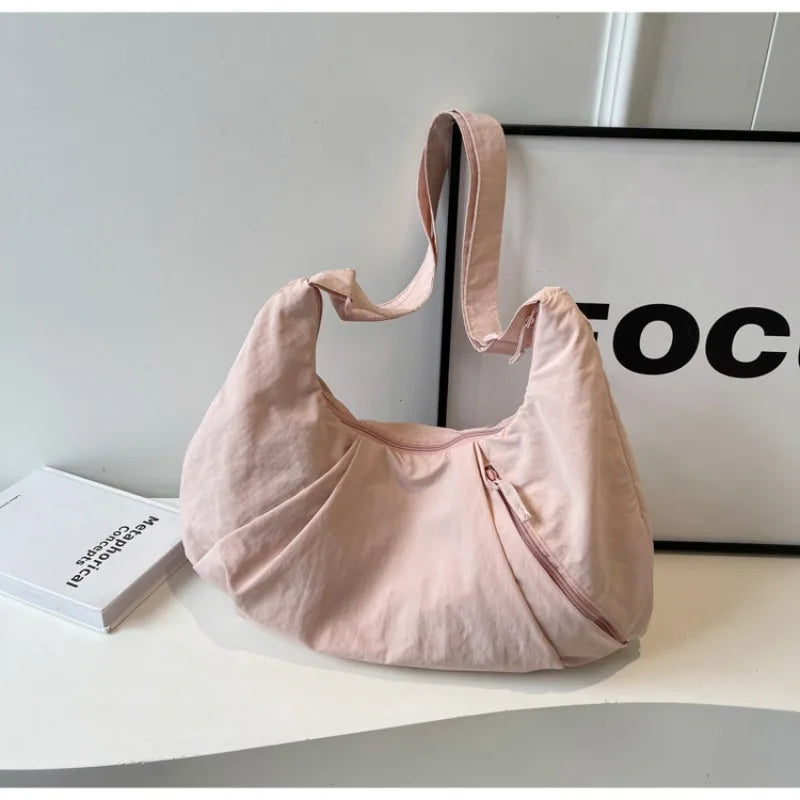 Korean Style Nylon Shoulder Bag Tote Bag Large Capacity Casual Dumpling Bag Solid Color Fold Oxford Cloth Girls Сумка Женская